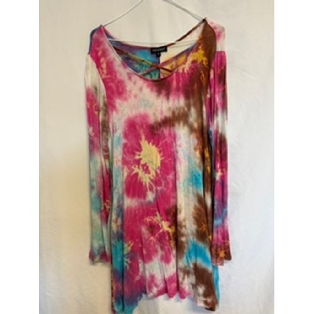 Simply Southern Tie Dye Tunic Top Pink Blue Brown Criss Cross Neck Size M Sexy